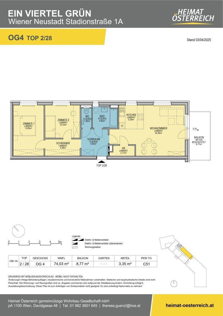 Grundriss einer Wohnung (TOP 2/28) mit Wohnzimmer, Küche, Schlafzimmern und Balkon.