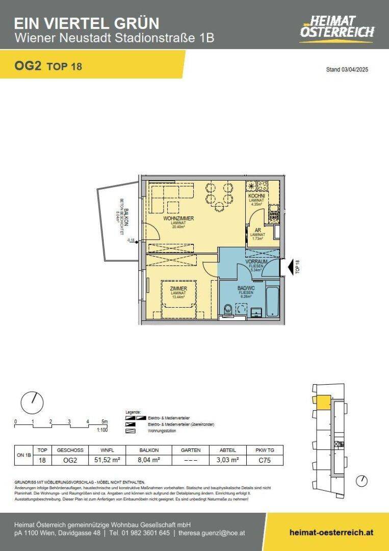 Grundriss der Wohnung OG2 TOP 18 mit Wohnzimmer, Schlafzimmer, Küche und Balkon.