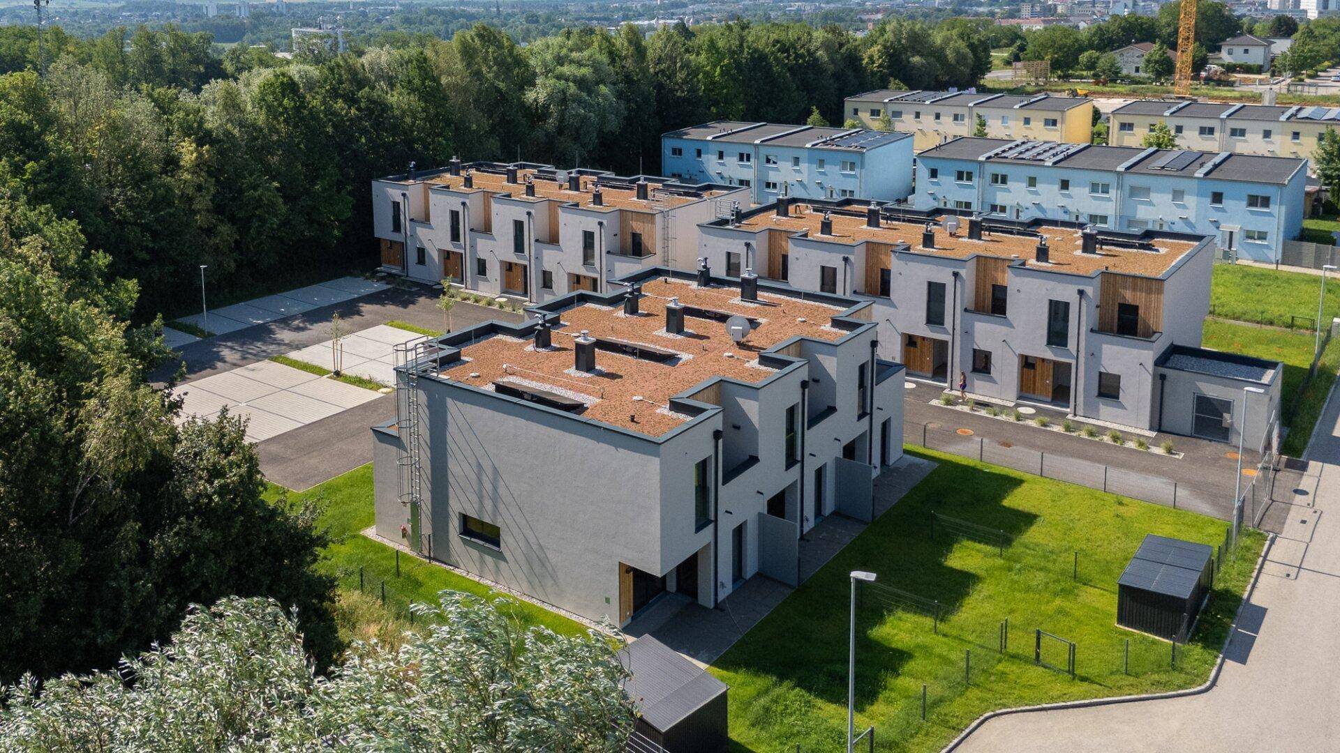Luftaufnahme eines modernen Reihenhausblocks mit Gründach, Solarpaneelen und weitläufigen Grünflächen.
