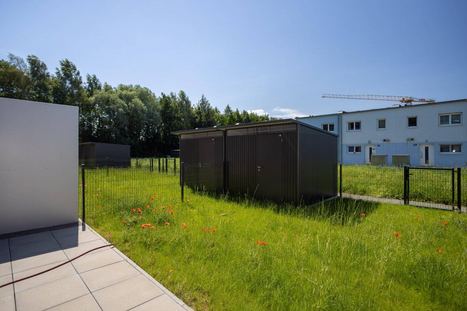 Sonniger Garten mit Rasenfläche, Gartenhäusern und Blick auf die umliegenden Gebäude.