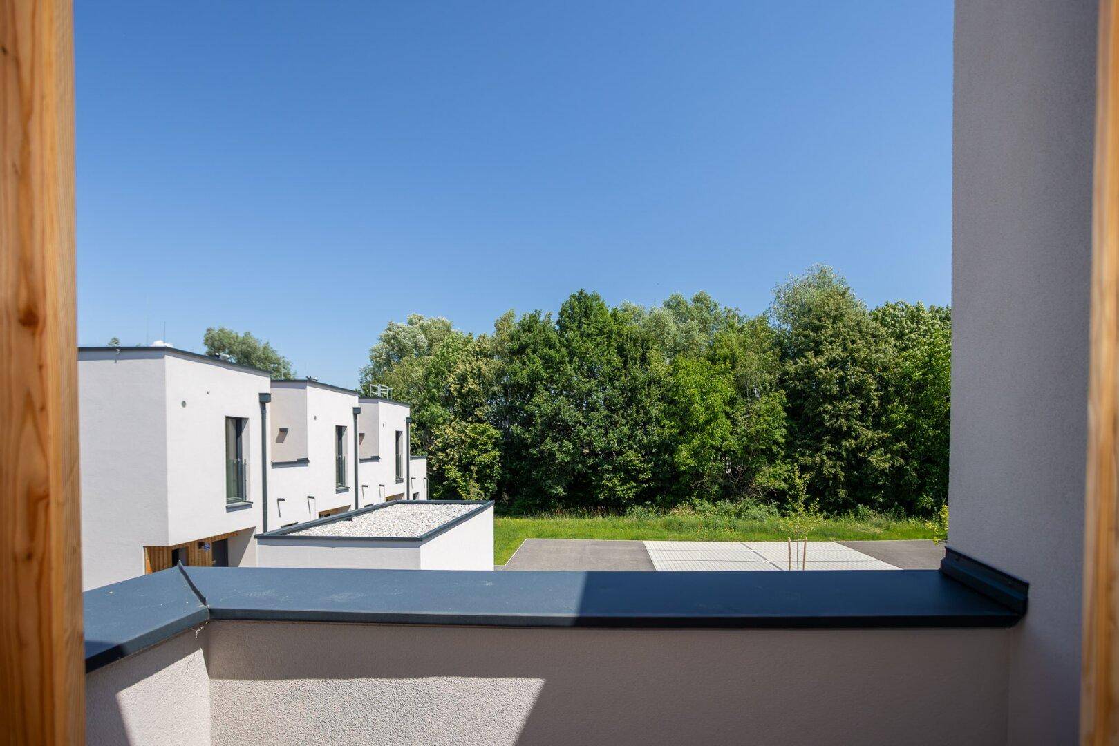 Panoramablick vom Balkon auf die umliegende Natur und die Dächer der benachbarten Reihenhäuser.