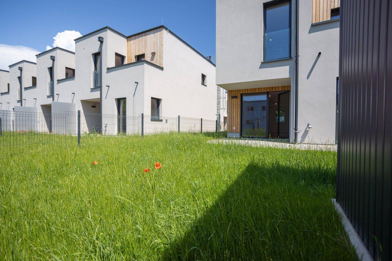 Grüne Rasenfläche hinter den modernen Reihenhäusern mit weißer Fassade und Holzdetails.