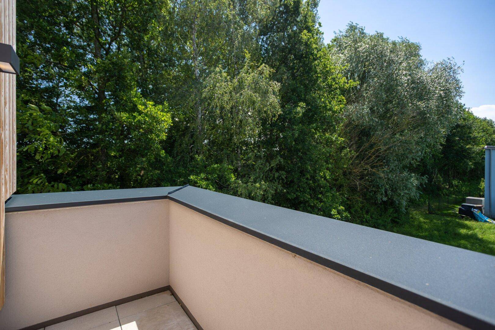 Blick vom Balkon auf üppiges Grün und den blauen Himmel an einem sonnigen Tag.
