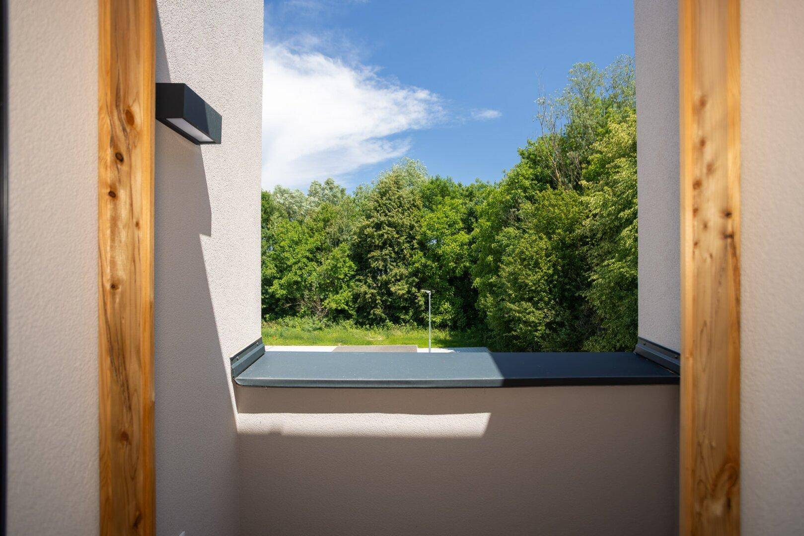 Aussicht vom Balkon auf eine dichte grüne Baumlandschaft unter strahlend blauem Himmel.