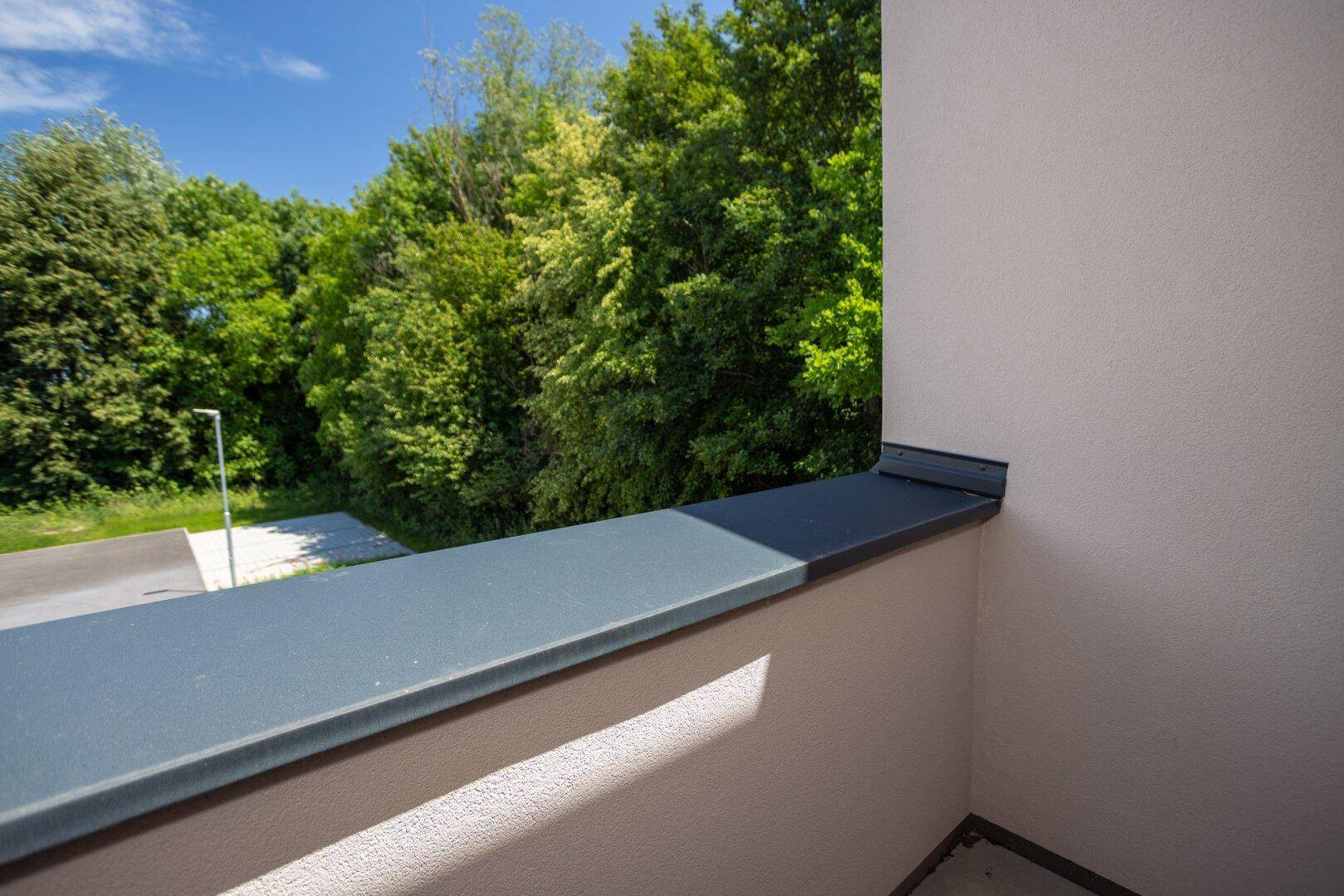 Aussicht vom Balkon auf eine grüne Baumlandschaft und einen klaren blauen Himmel.