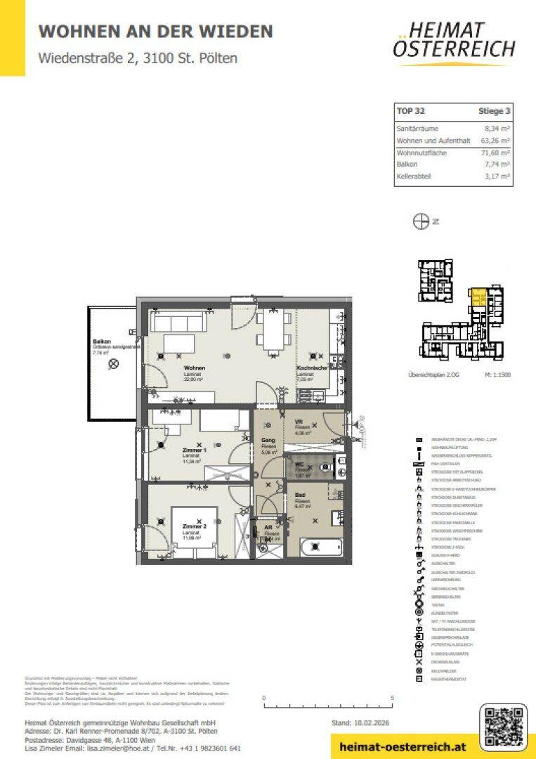 Grundriss einer Wohnung mit drei Zimmern, Balkon, Bad und separatem WC.