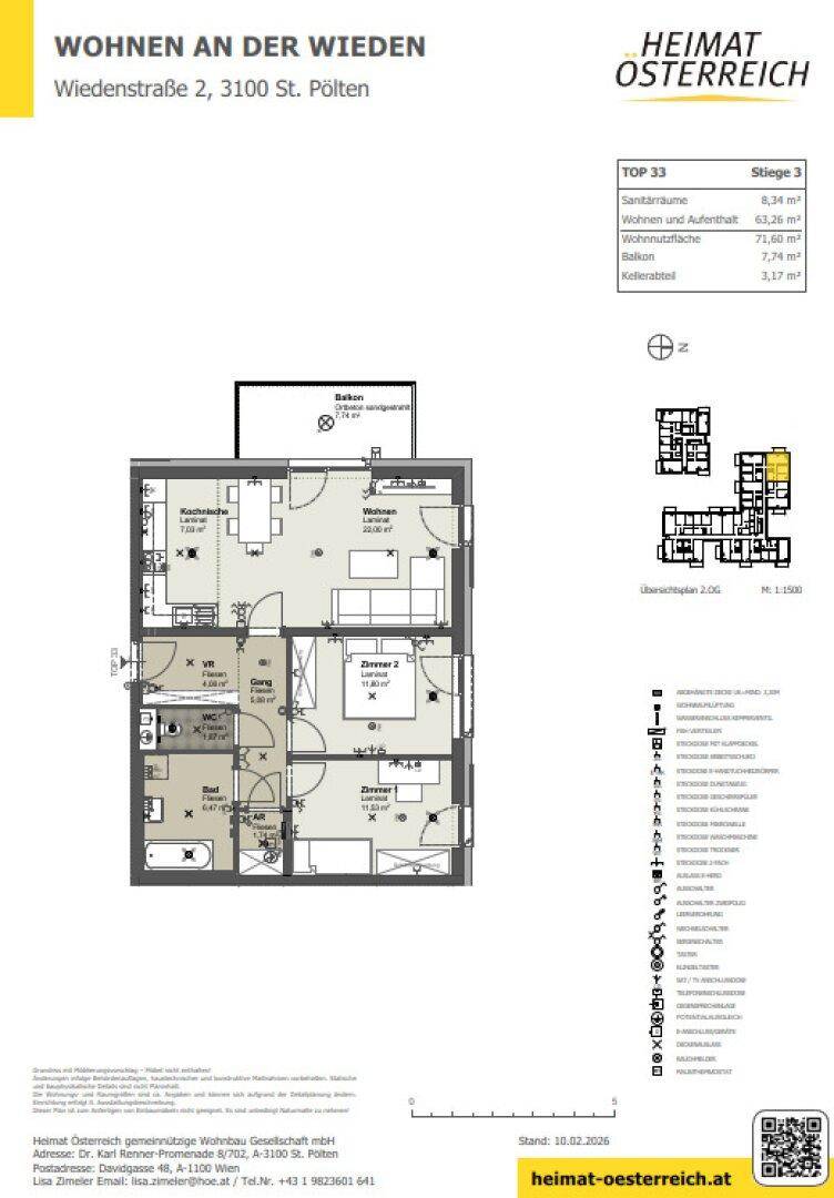 Grundrissplan einer Wohnung mit drei Zimmern, Balkon und separatem WC.