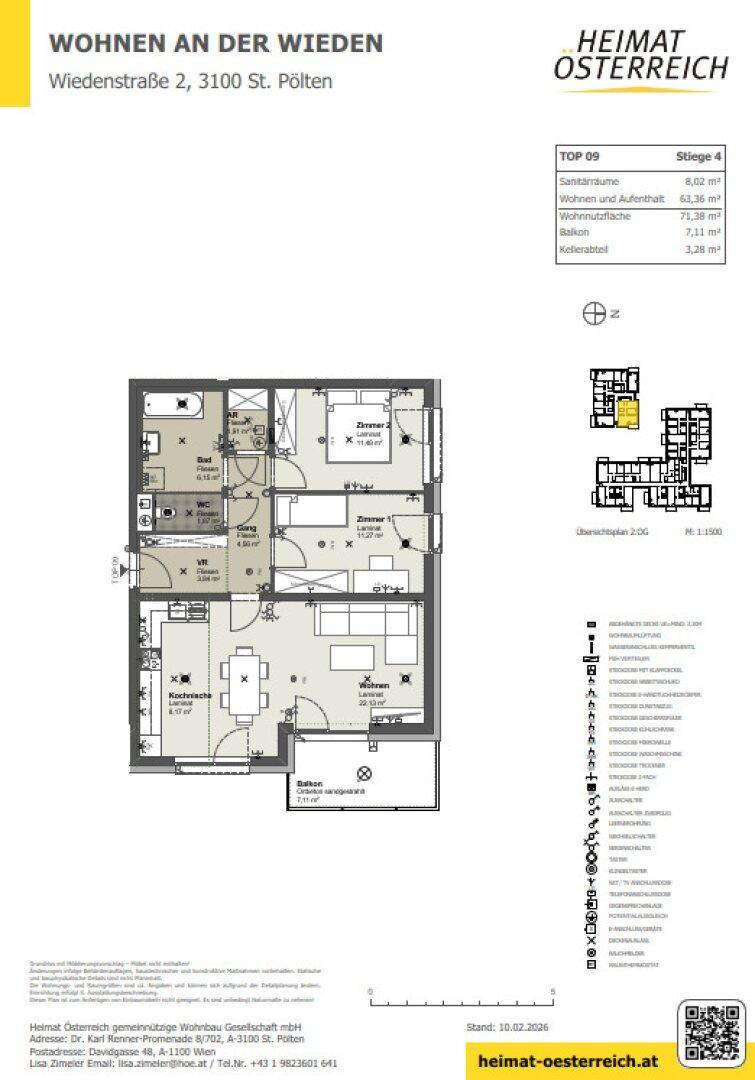 Detaillierter Grundriss einer Wohnung mit drei Zimmern, Bad und Balkon.