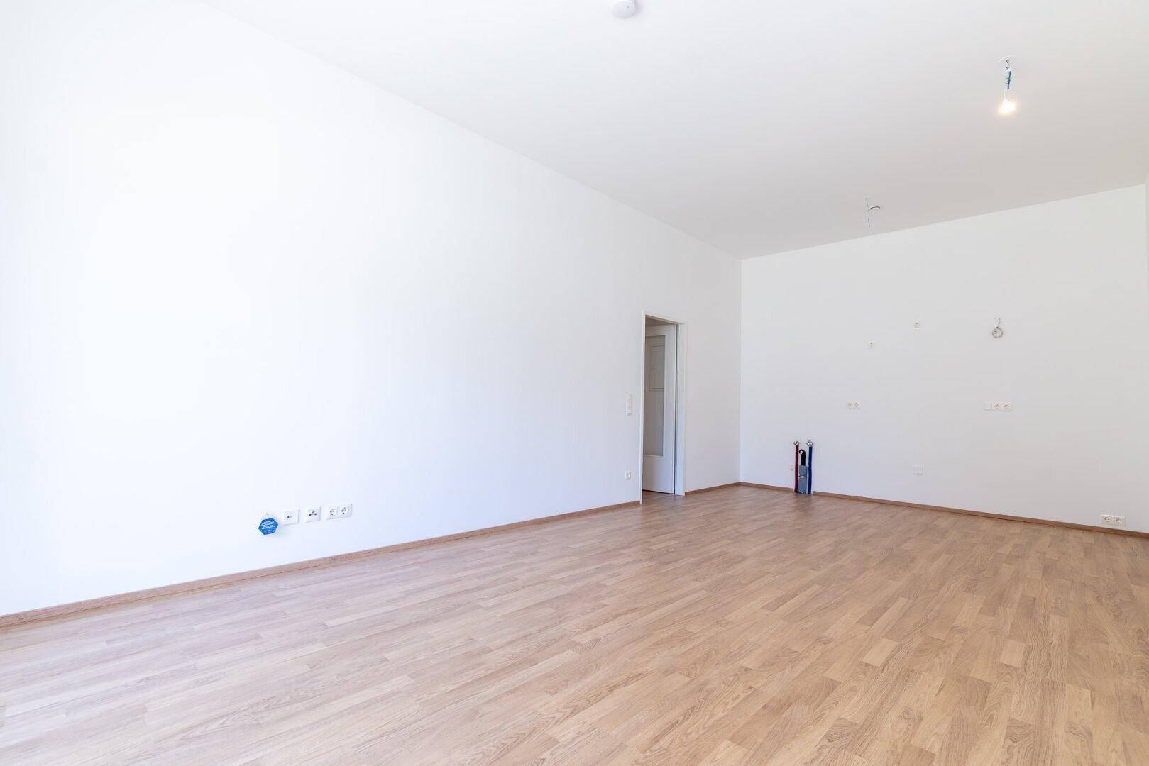 Geräumiger, unmöblierter Wohnbereich mit hellem Laminatboden und weiß gestrichenen Wänden.