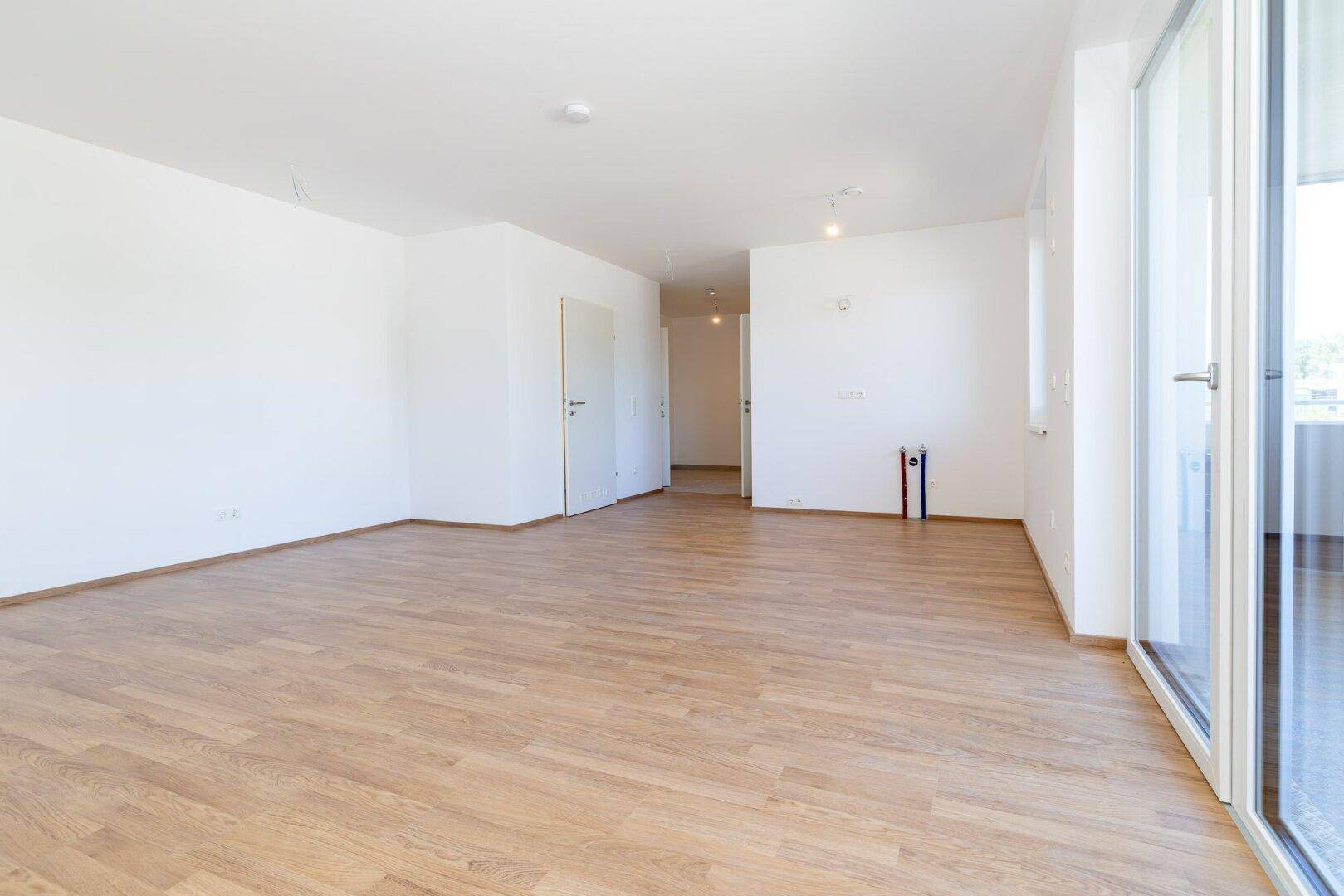 Geräumiger, heller Wohnbereich mit Laminatboden und Zugang zu weiteren Räumen.