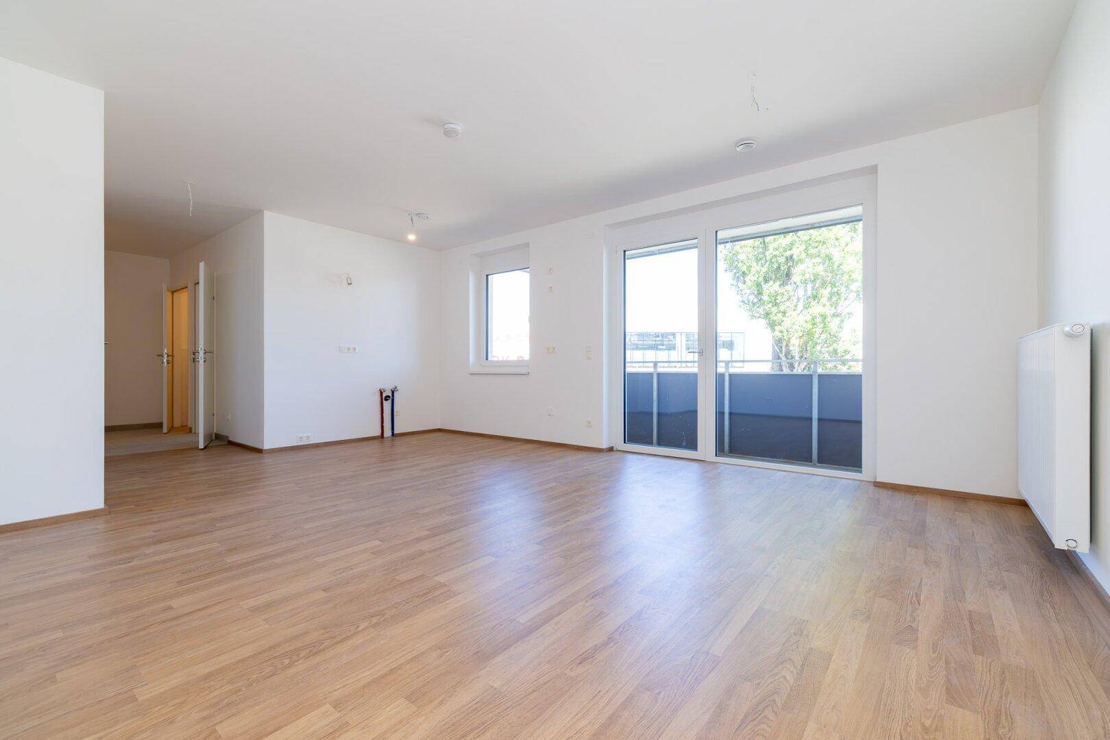 Heller Wohnbereich mit Laminatboden, großen Fenstern und vorbereiteten Anschlüssen an der Wand.