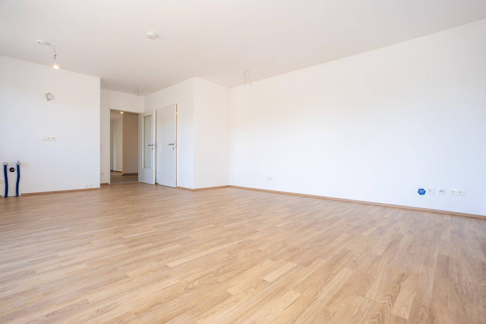 Heller, unmöblierter Raum mit Laminatboden und Zugang zu weiteren Zimmern.