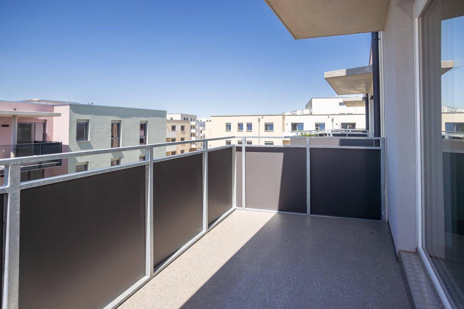 Sonniger Balkon mit moderner Brüstung und Ausblick auf die umliegende Wohnbebauung.