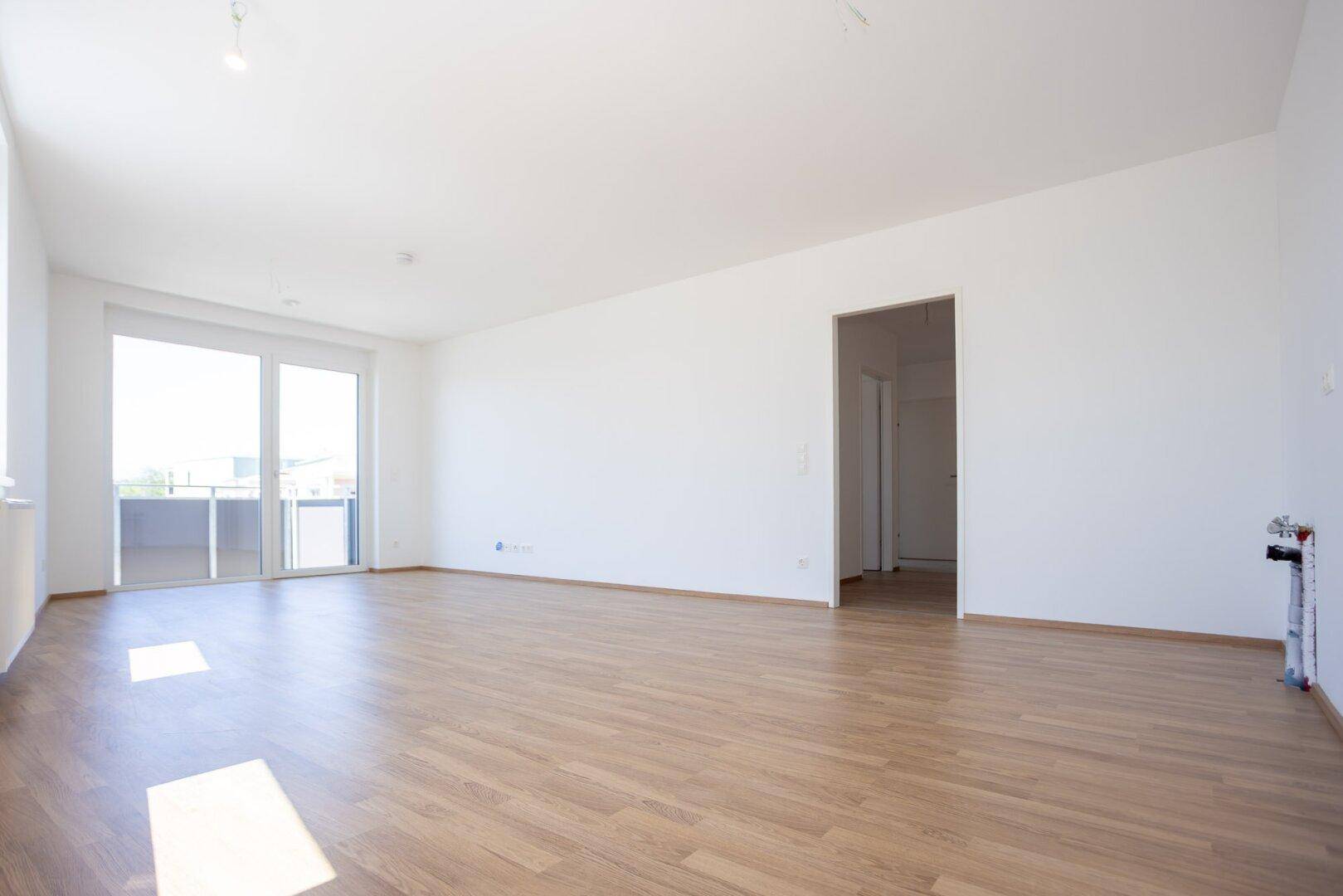 Geräumiger Wohnraum mit Laminatboden, weißen Wänden und Zugang zu einem Außenbereich.