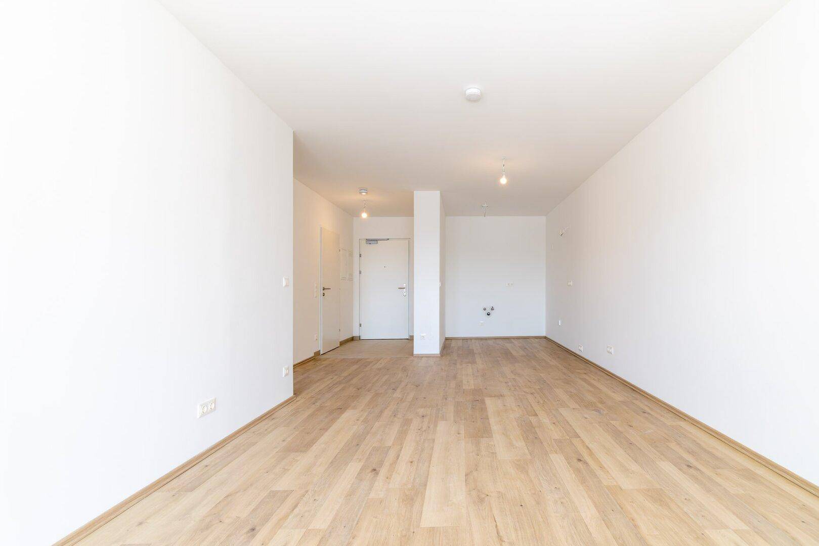 Heller Eingangsbereich mit Laminatboden und weiß gestrichenen Wänden.