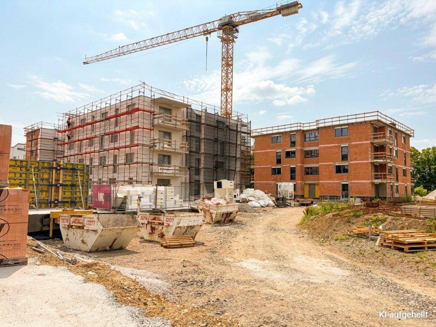 Baustelle mit im Bau befindlichen Mehrfamilienhäusern und einem Baukran unter blauem Himmel.