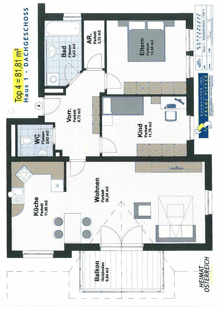 Grundriss einer Dachgeschosswohnung mit Balkon, zwei Schlafzimmern und offenem Wohnbereich.