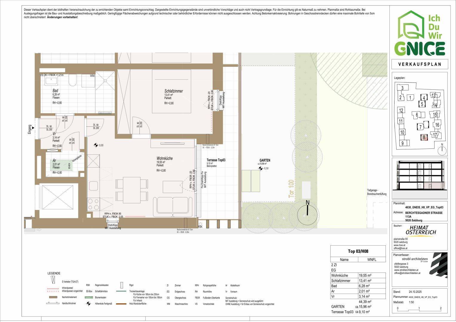 Detaillierter Grundriss einer Wohnung mit offenem Wohnbereich, Schlafzimmer und Zugang zu Terrasse und Garten.