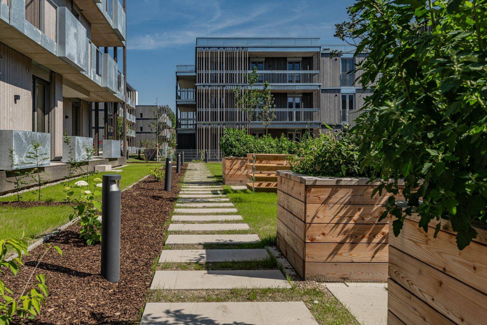 Gepflegte Gartenanlage zwischen modernen Wohngebäuden mit Holzpflanzkübeln und Gehwegen.