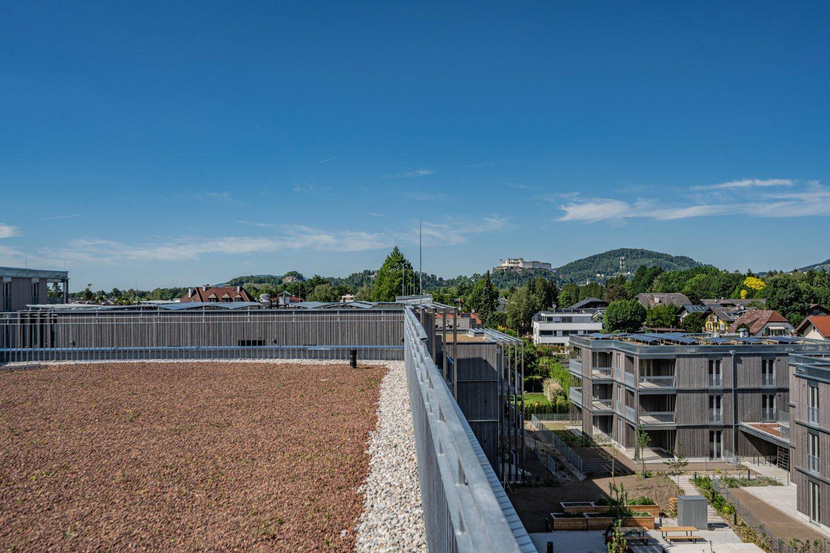 Weitläufiger Blick über die Flachdächer der Wohnanlage und die umliegende Hügellandschaft.