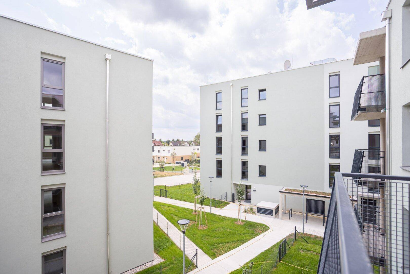 Blick auf den begrünten Innenhof und die modernen Wohngebäude der Anlage.
