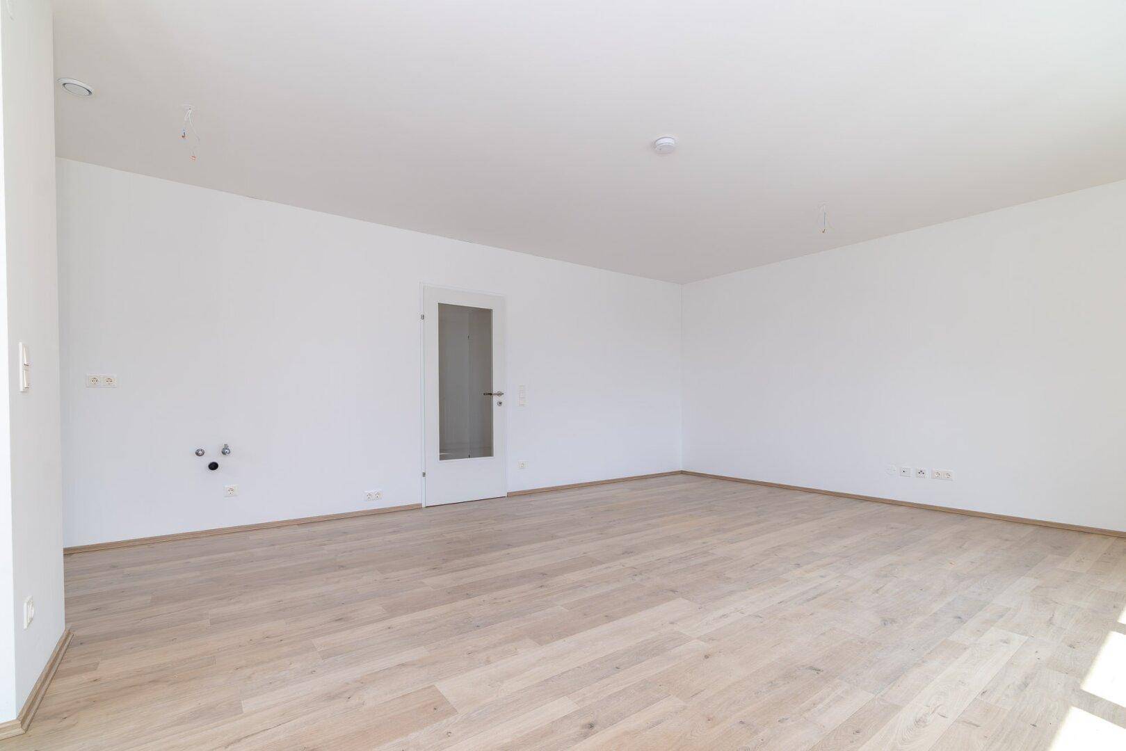 Großer, leerer Wohnraum mit hellem Holzboden und einer Tür mit Glaseinsatz.