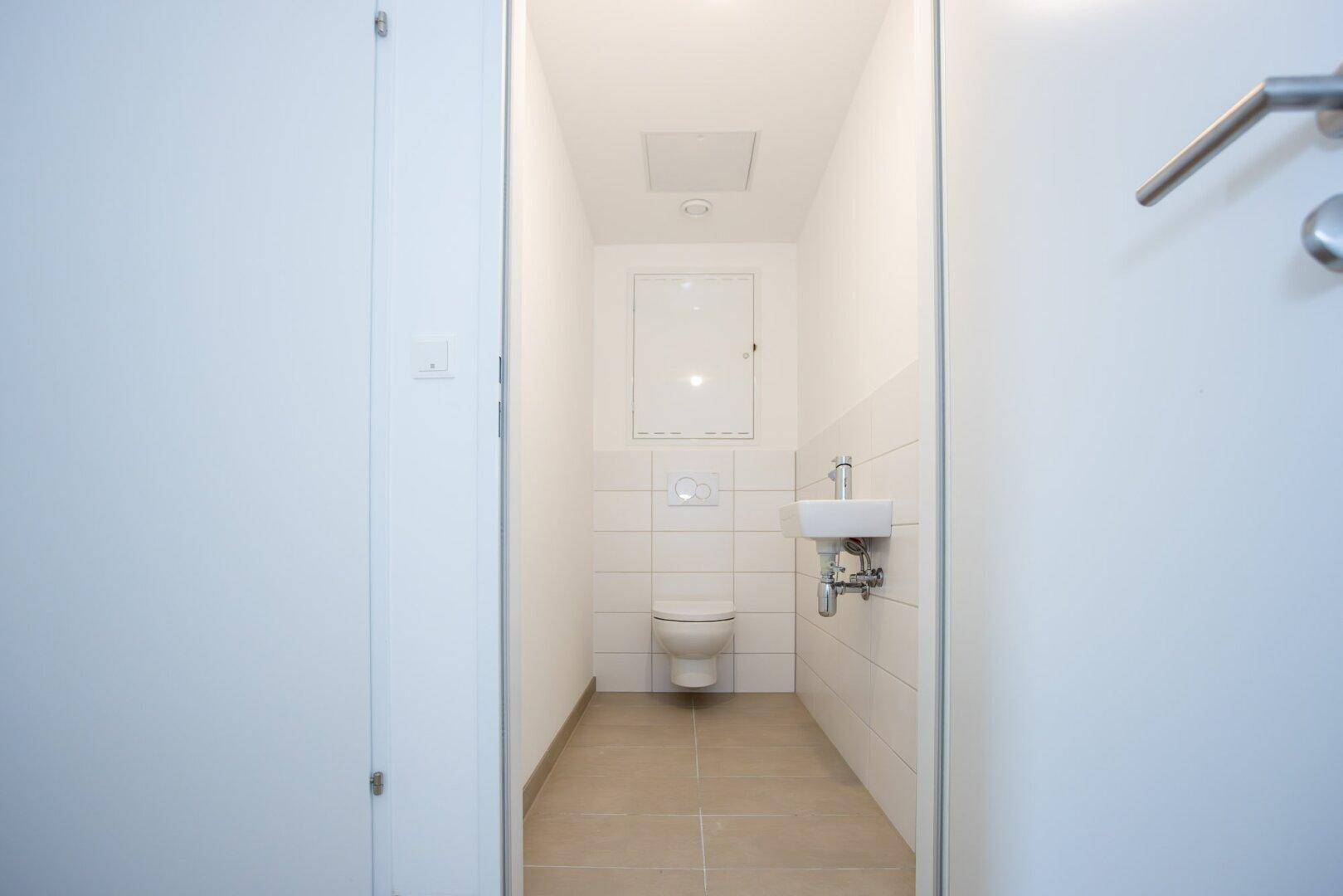 Kleines Gäste-WC mit wandhängender Toilette und kompaktem Waschbecken.