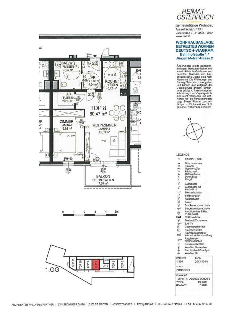 Grundriss einer Wohnung mit offenem Wohnbereich, Schlafzimmer, Bad und Balkon.