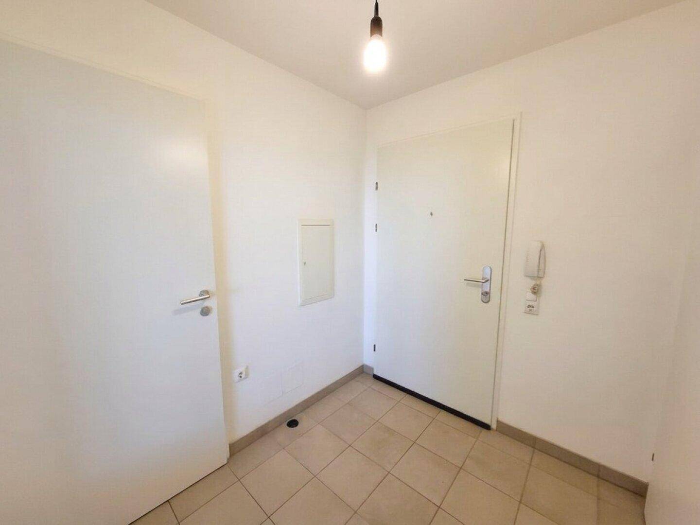 Eingangsbereich mit Fliesenboden, Haustür und Gegensprechanlage, hell und einladend.