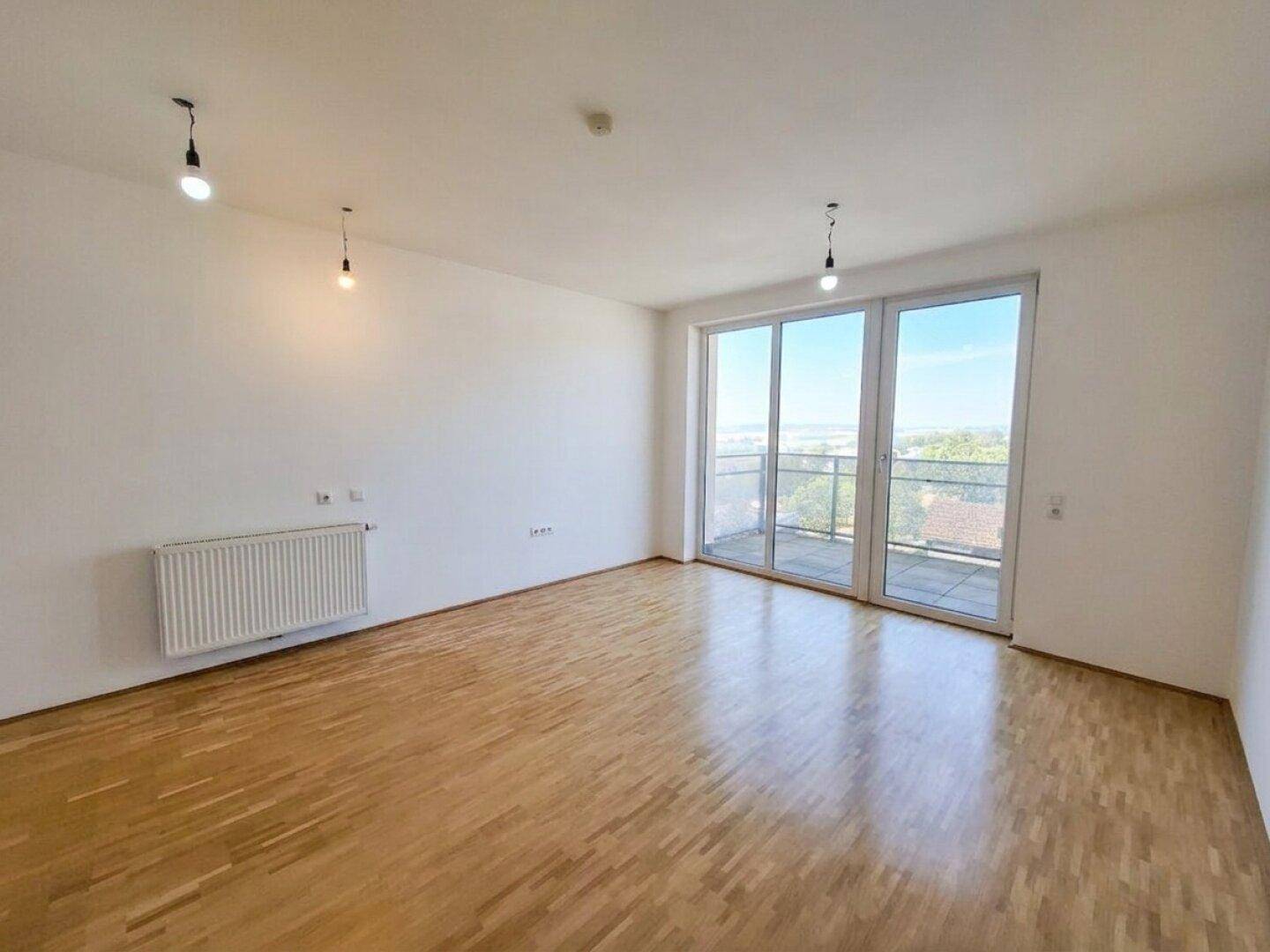 Lichtdurchfluteter Raum mit Holzboden und Zugang zu einem Balkon mit Panoramablick.