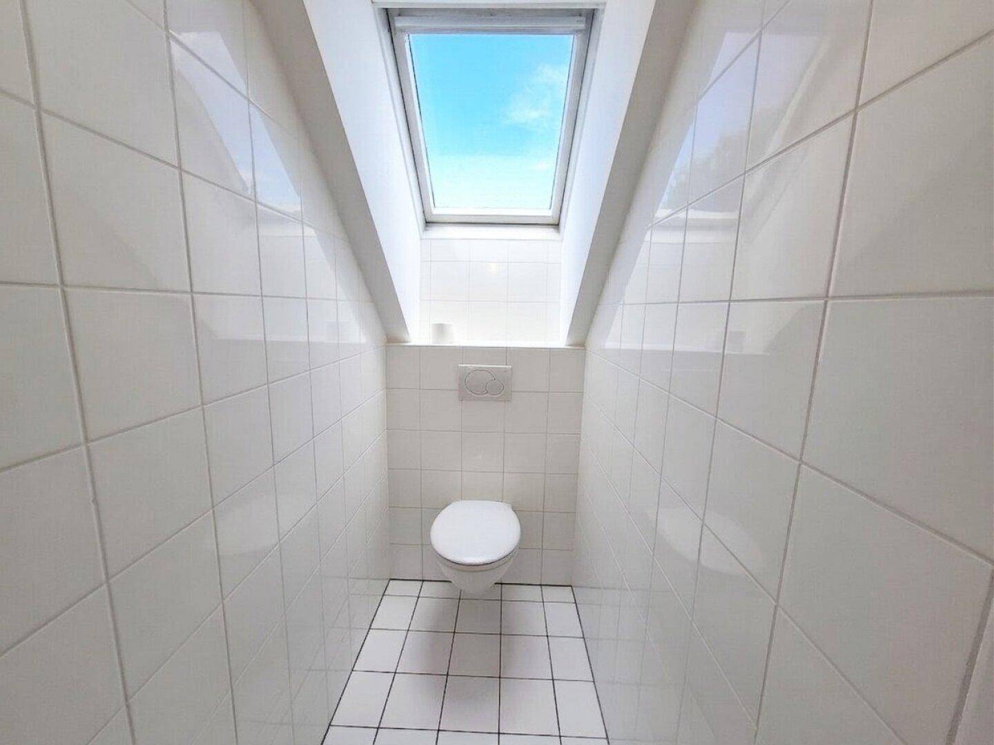 Separates WC im Dachgeschoss mit Wand-WC und Dachfenster für natürliches Licht.