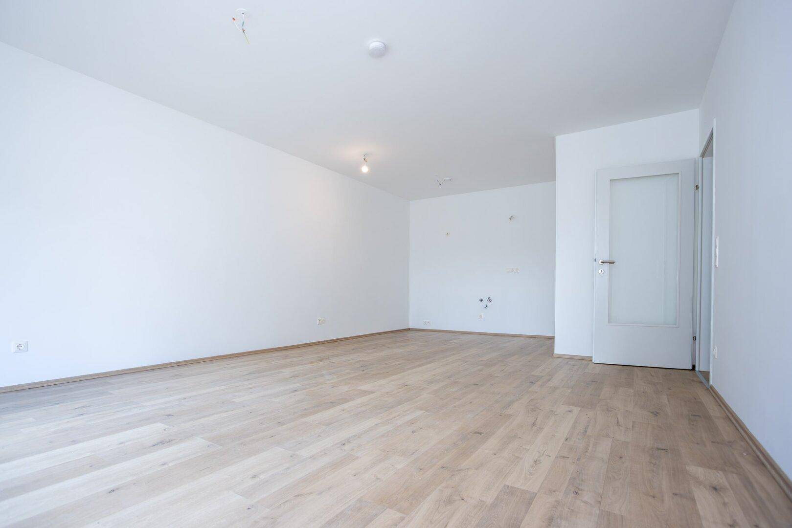 Geräumiger, leerer Raum mit hellem Laminatboden und einer modernen Tür.
