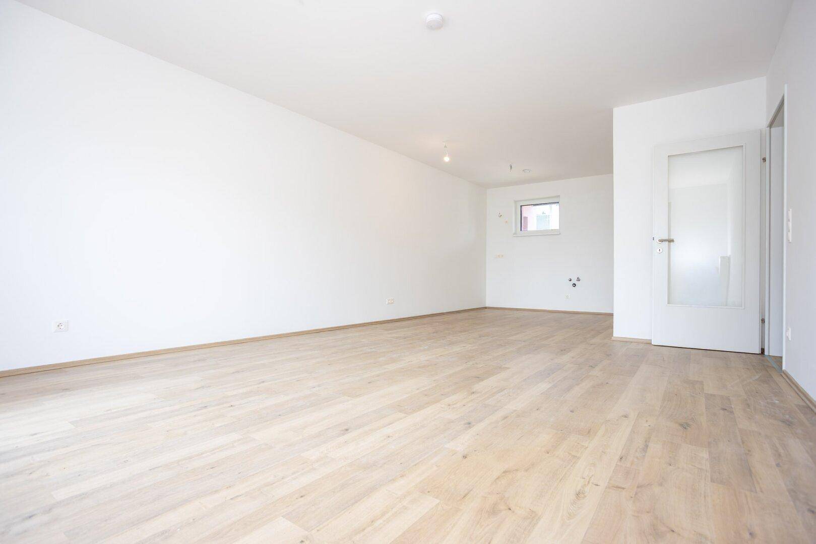 Geräumiger, heller Wohnraum mit Laminatboden und einer Tür mit Milchglas-Einsatz.