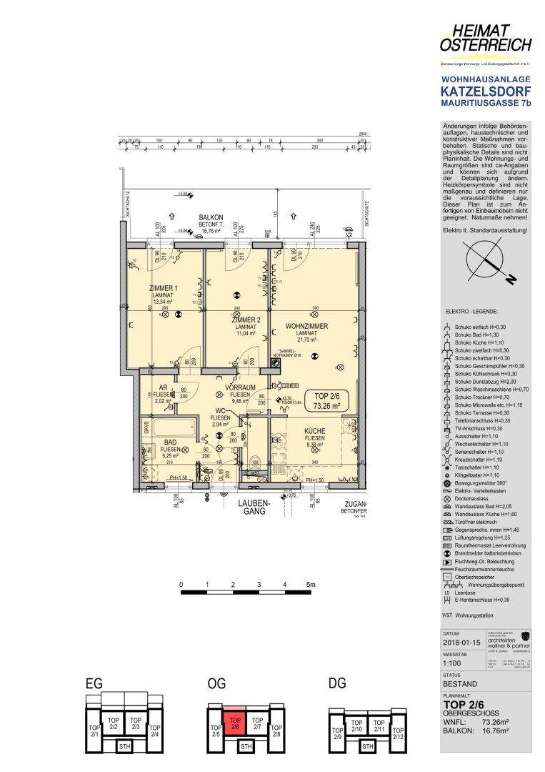 Grundriss einer Obergeschosswohnung mit zwei Schlafzimmern, Balkon und separatem WC.