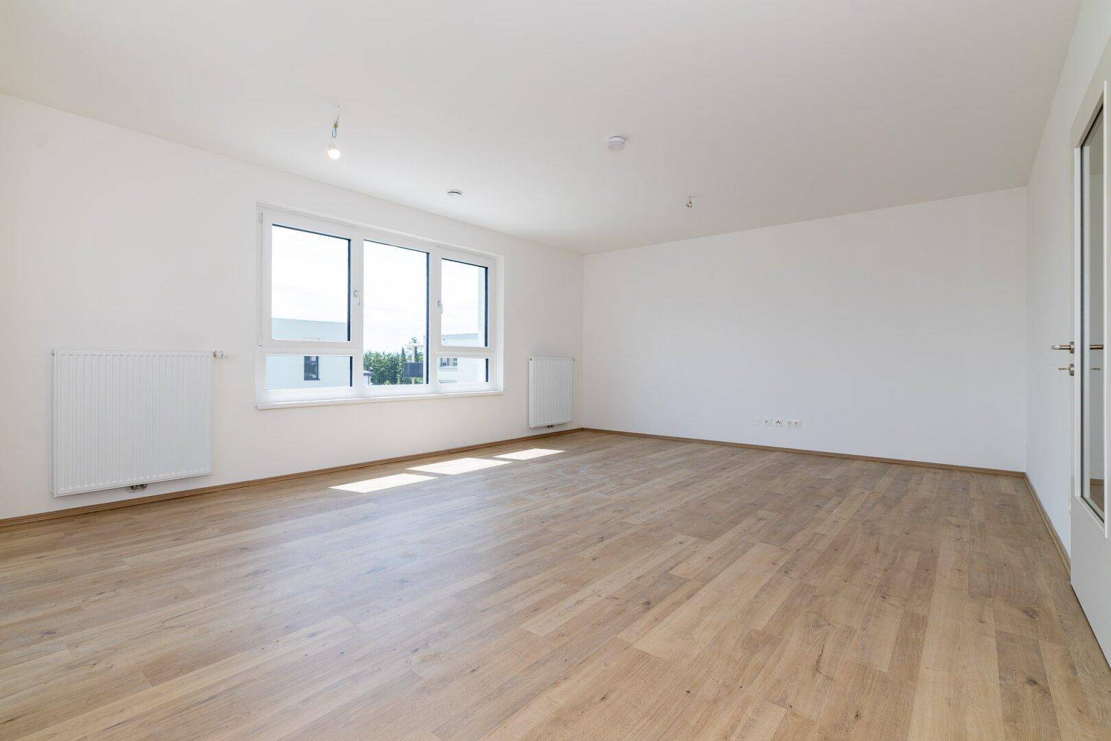 Helles, leeres Zimmer mit modernem Laminatboden und großen Fenstern, die viel Tageslicht hereinlassen.