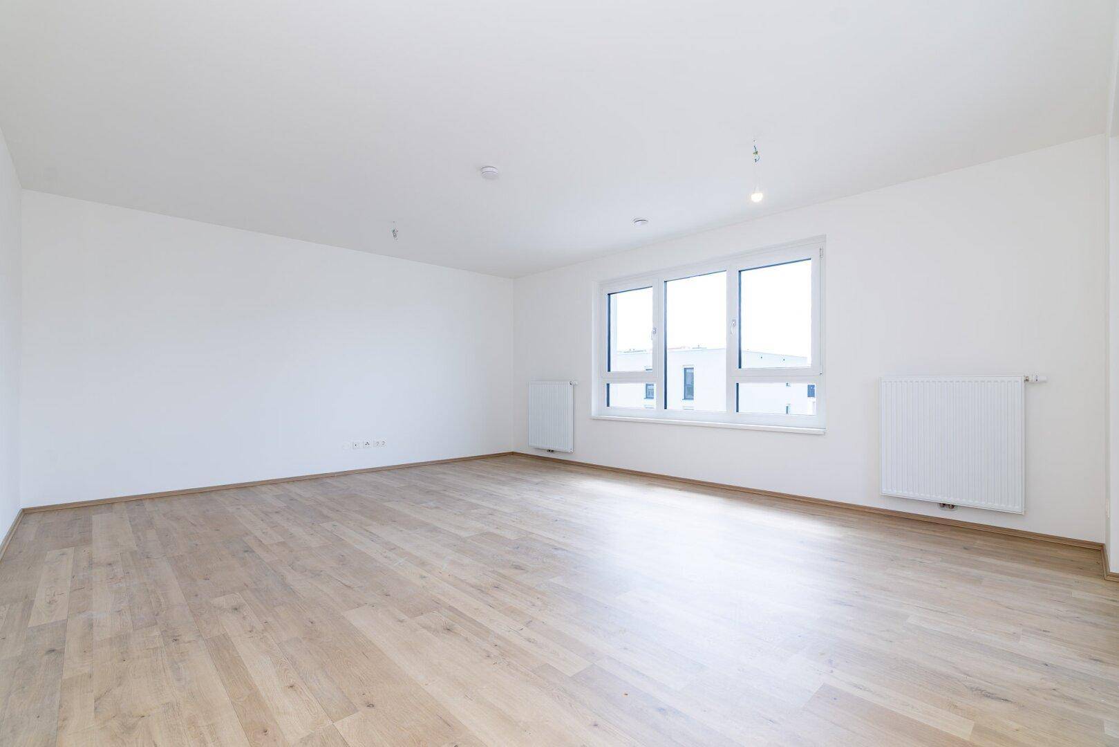 Geräumiges, helles Zimmer mit Laminatboden und großen Fenstern in einem Neubau.
