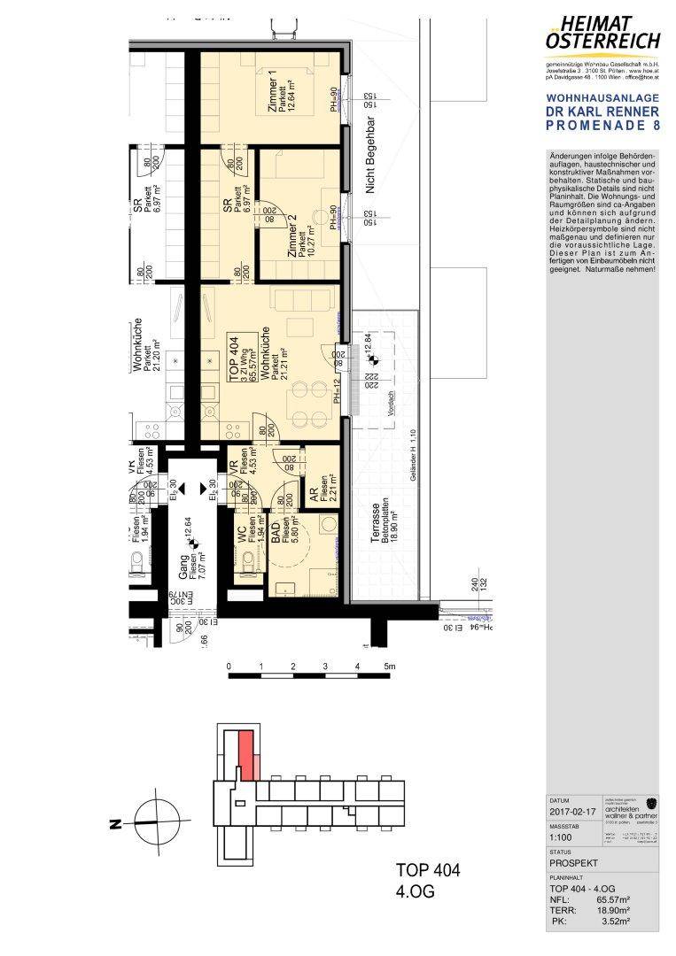 Grundriss der Wohnung TOP 404 mit Wohnküche, zwei Zimmern, Bad, WC und großer Terrasse.