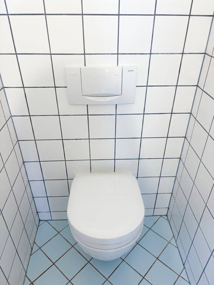 Separate Toilette mit weißen Wandfliesen und blauem Bodenfliesenmuster.