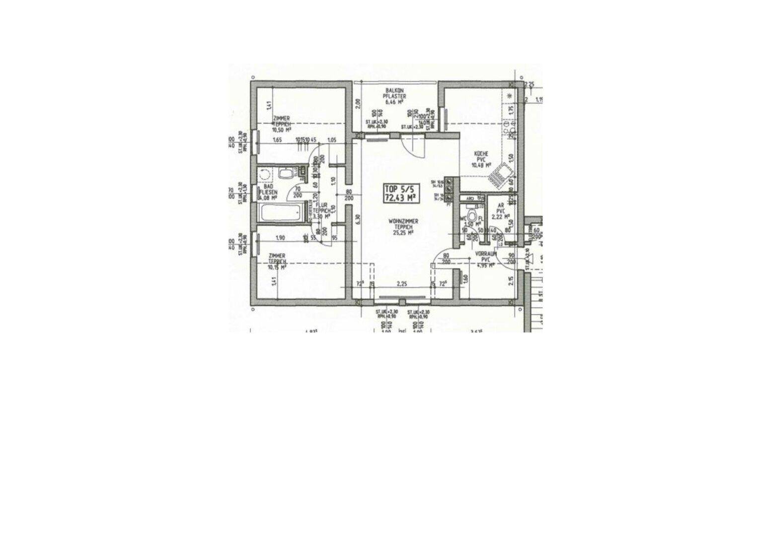 Grundriss einer Wohnung mit Wohnzimmer, Küche, Schlafzimmer, Bad und Balkon.