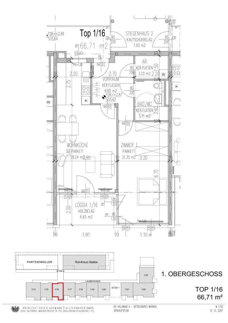 Grundriss der Wohnung Top 1/16 mit 66,71 m², offener Wohnküche und Loggia.
