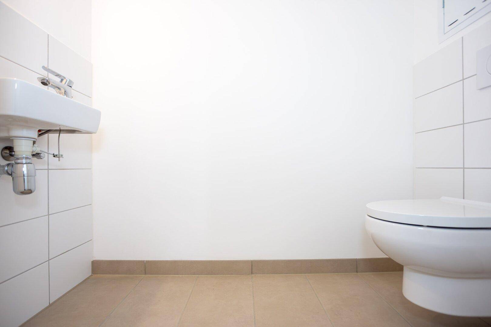 Separates WC mit wandhängender Toilette und kleinem Waschbecken in modernem Design.