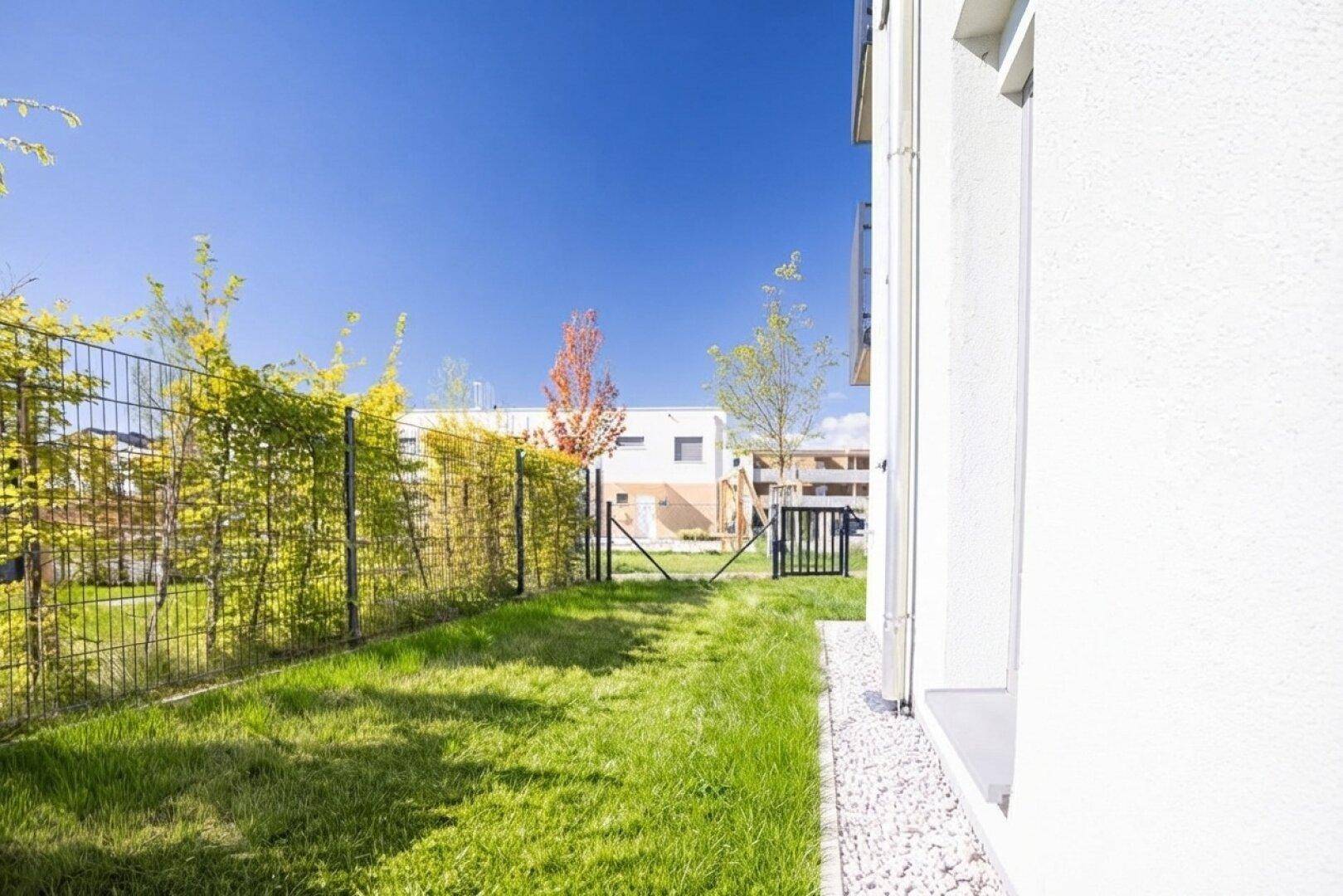 Grüner Gartenbereich mit Rasen, Zaun und Kiesstreifen entlang der modernen Fassade.