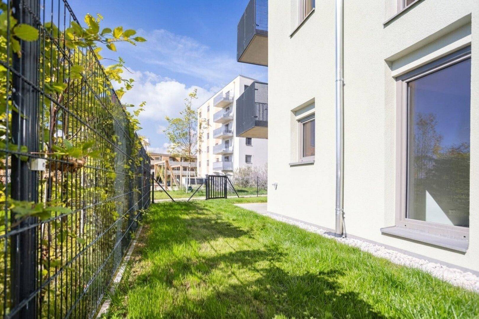 Schmaler Rasenstreifen entlang der Gebäudeseite mit Zaun und Kiesbett.