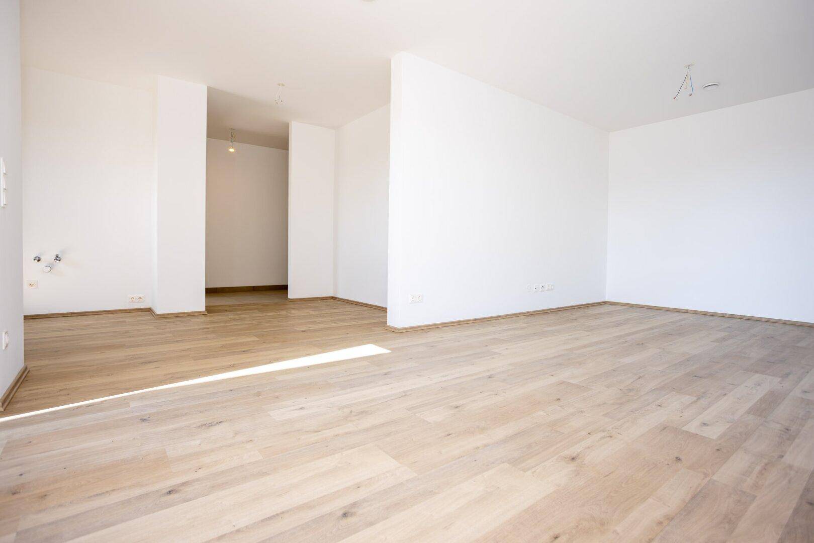 Großer, heller Raum mit offenem Grundriss und hellem Laminatboden.