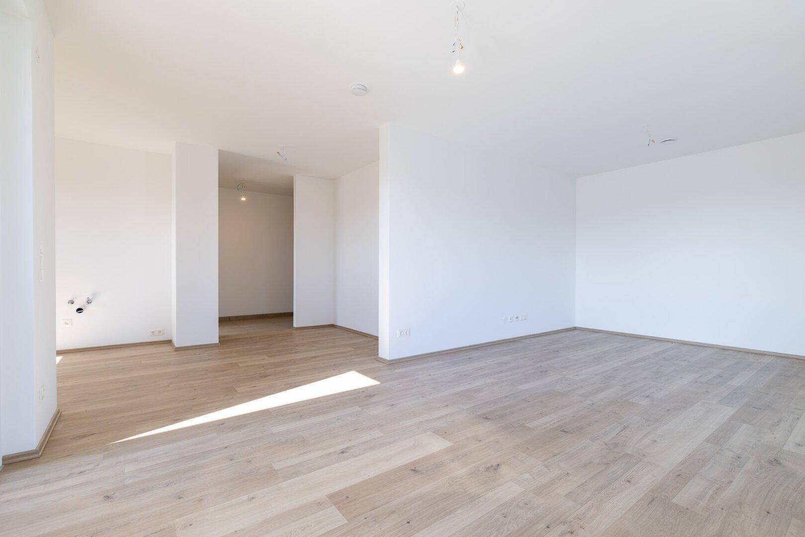 Geräumiger, heller Innenraum mit Laminatboden und weißen Wänden, offen zu einem weiteren Bereich.