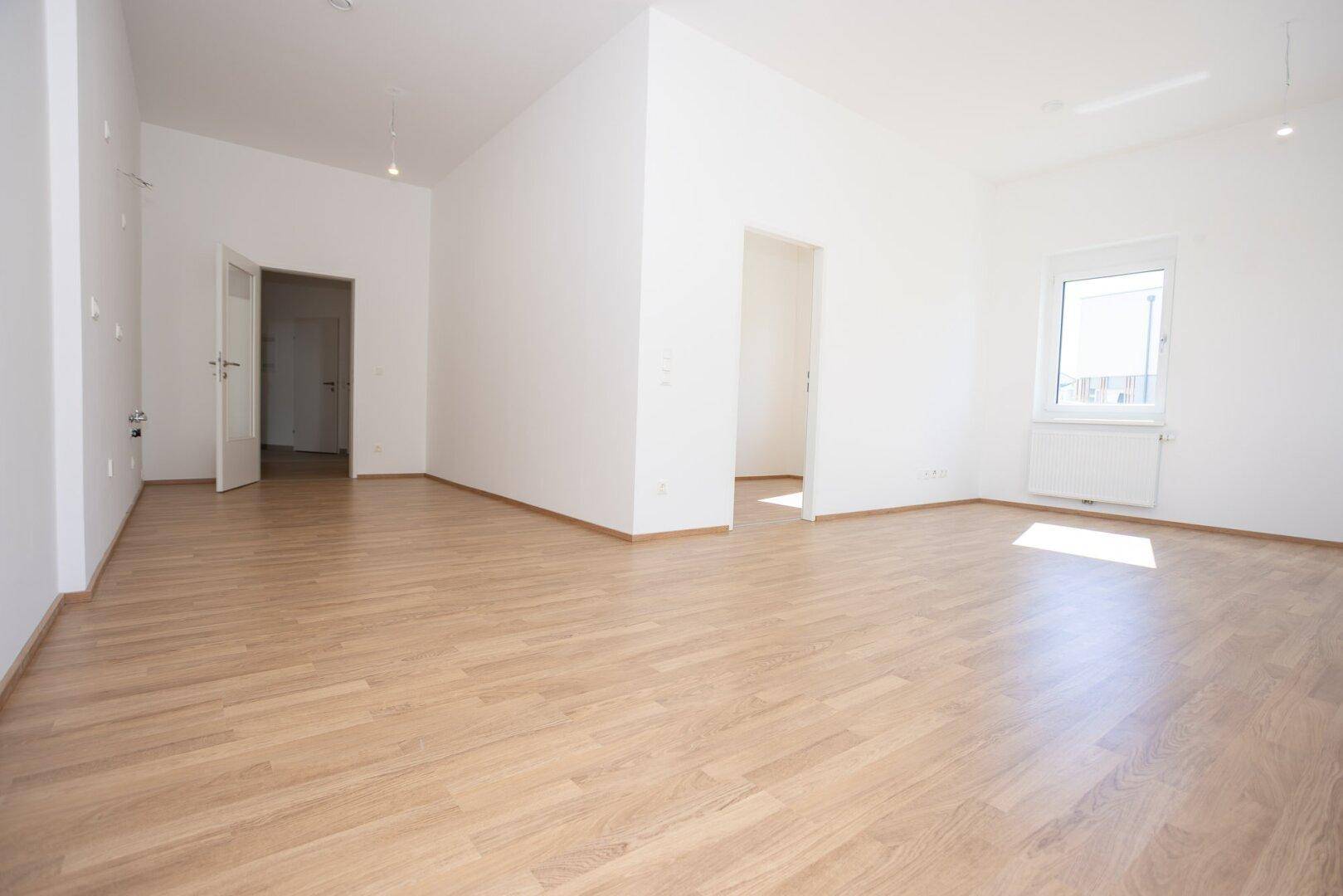 Geräumiger, heller Wohnbereich mit Laminatboden und mehreren Türen, ideal für offenes Wohnen.
