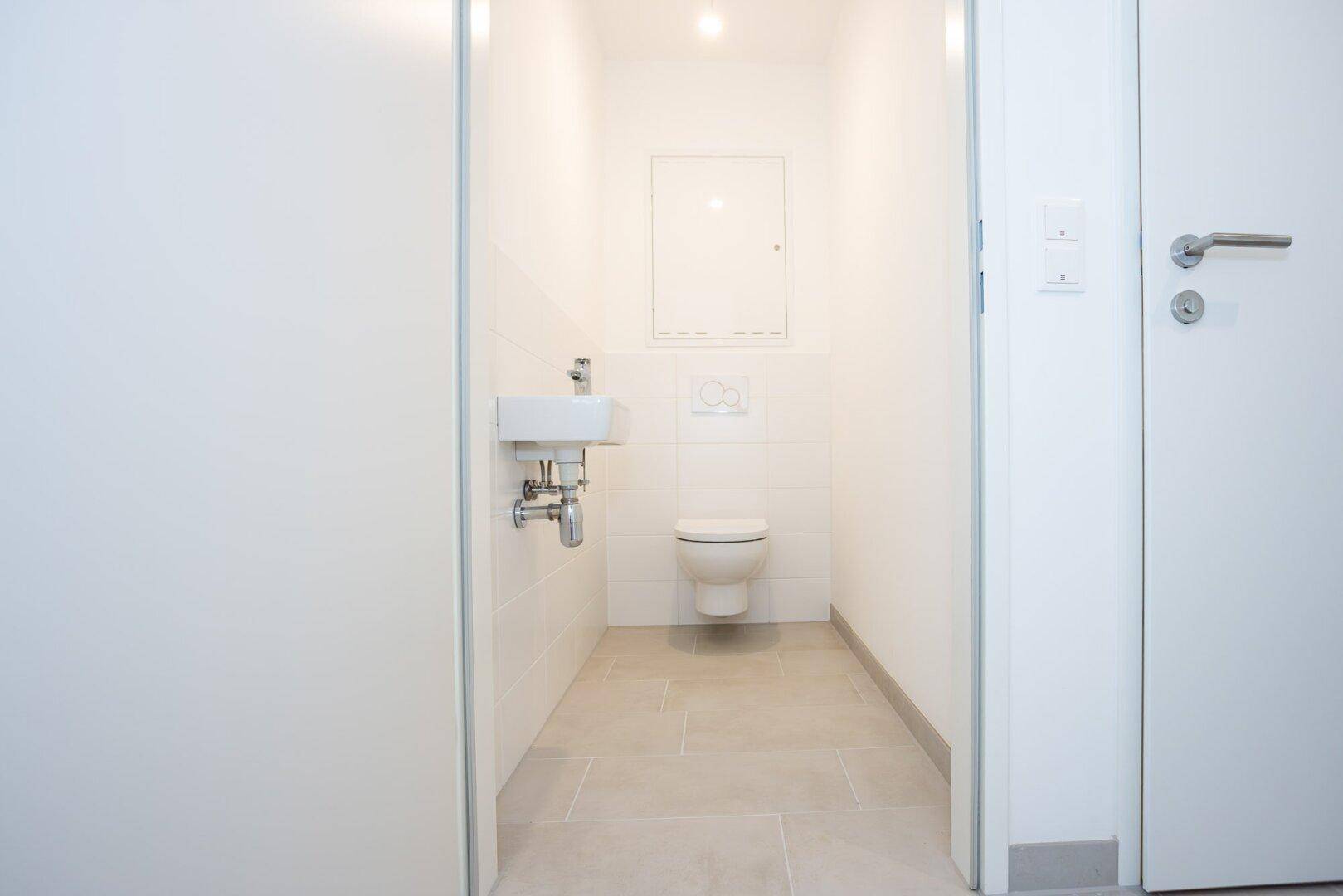 Separates Gäste-WC mit wandhängender Toilette, kleinem Waschbecken und modernen Fliesen.