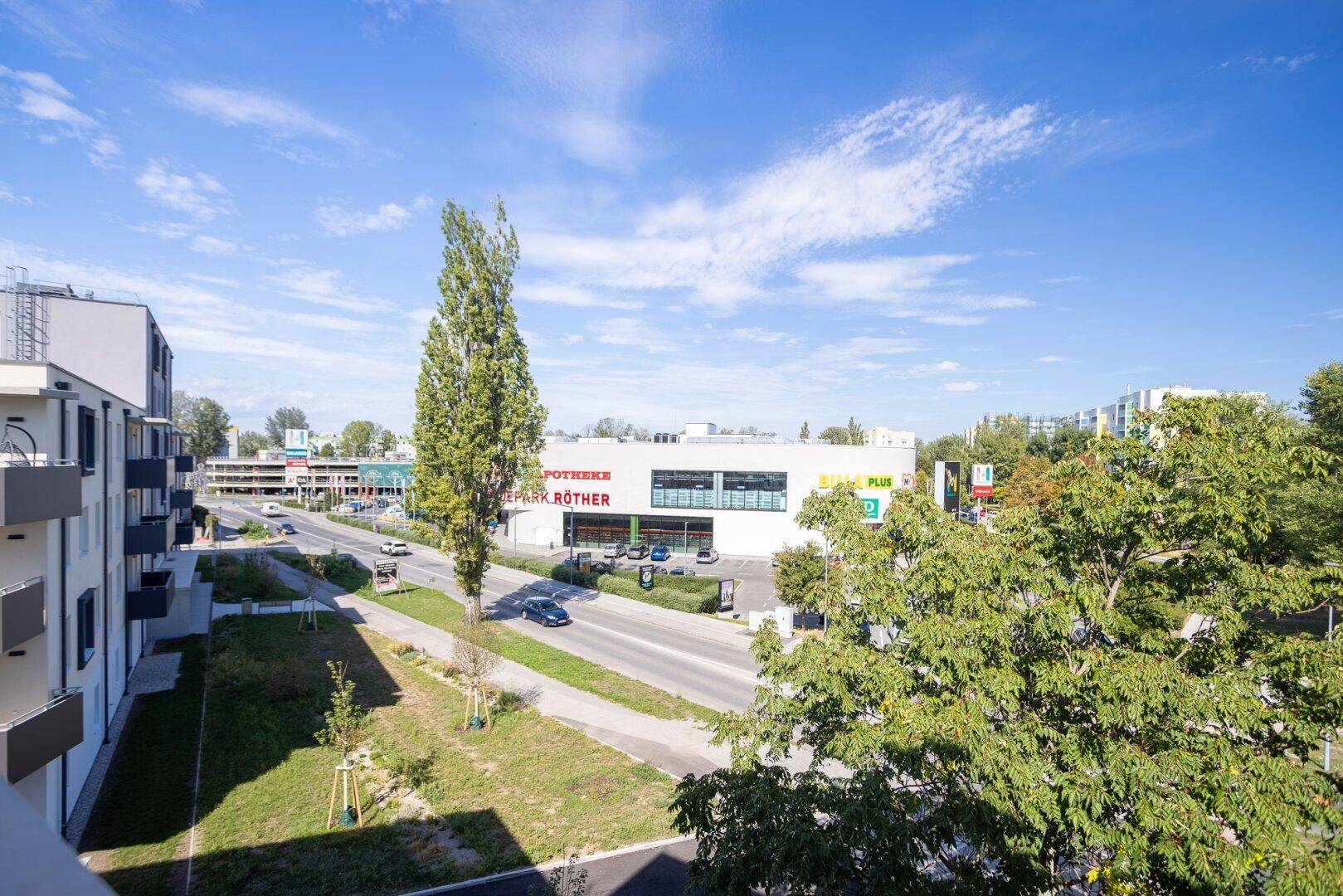 Weitläufiger Blick über die Straße, umliegende Gebäude und Grünflächen unter blauem Himmel.