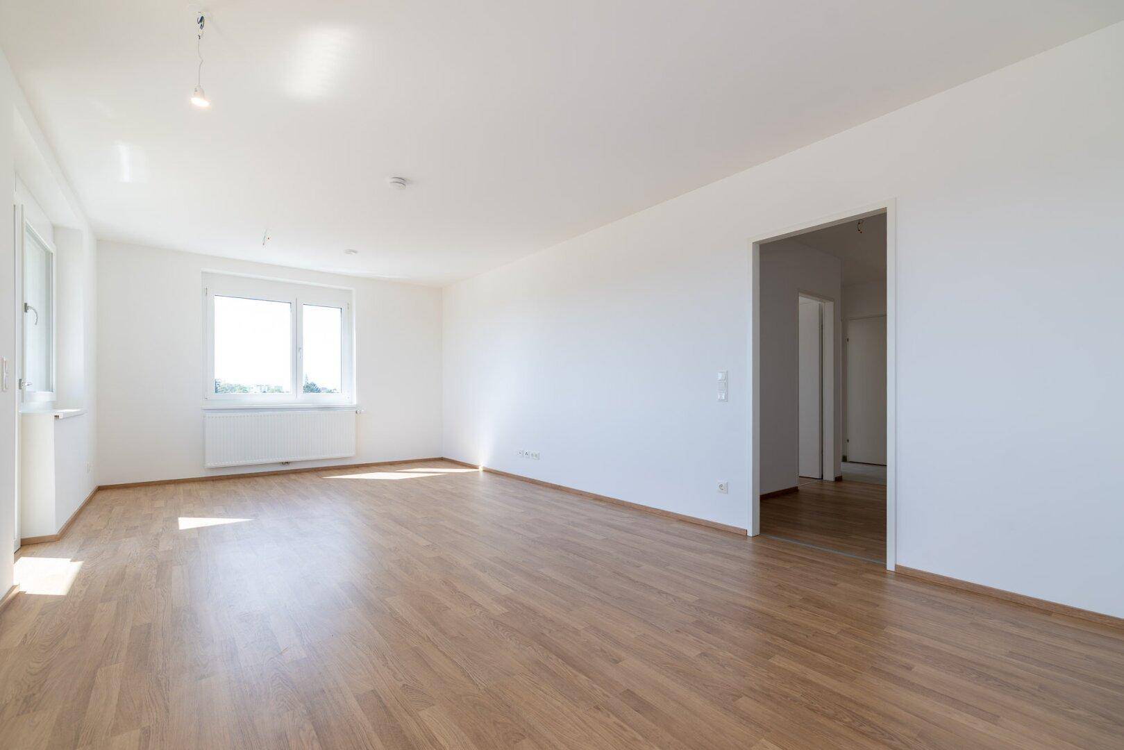 Geräumiger, heller Wohnbereich mit Laminatboden und einem offenen Durchgang zu weiteren Räumen.