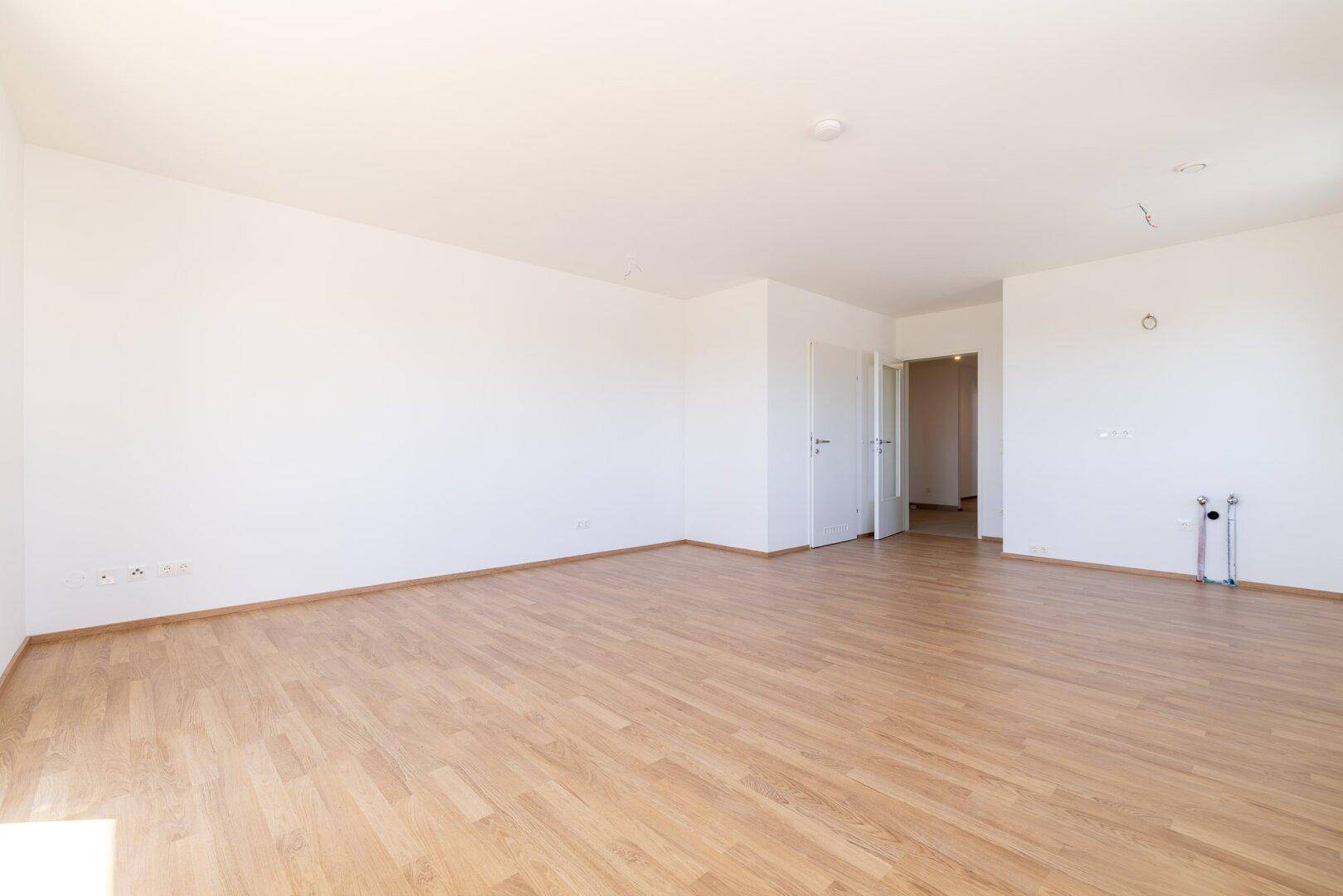 Geräumiger, heller Wohnbereich mit Laminatboden und Zugang zu weiteren Zimmern.
